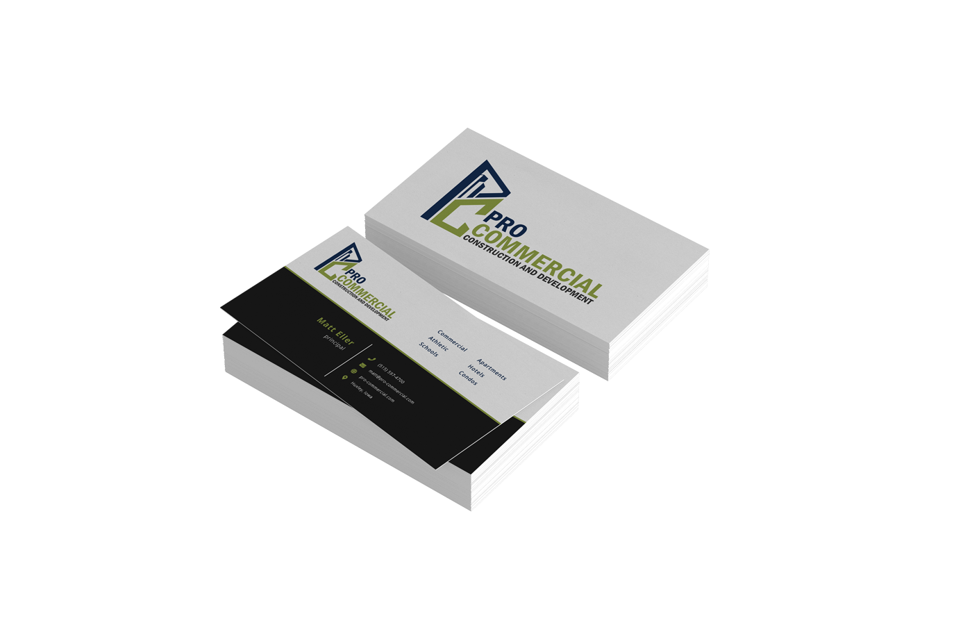 Mockup of business cards for Pro Commercial Construction and Development