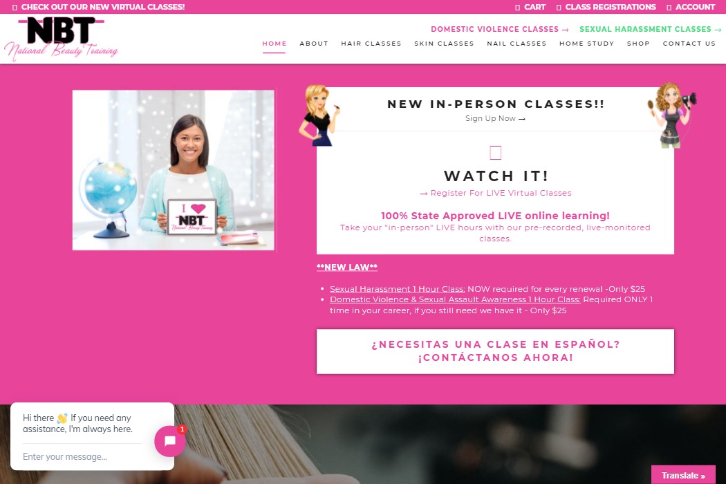 Screenshot of National Beauty Training website design