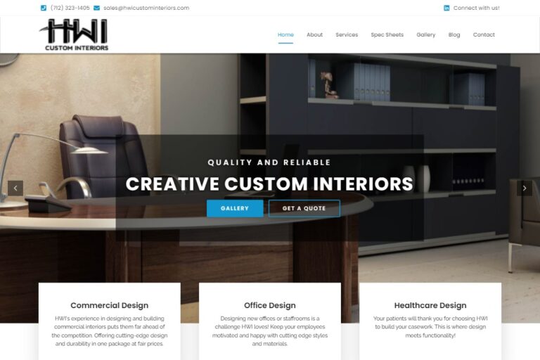 Screenshot of HWI Custom Interiors website design