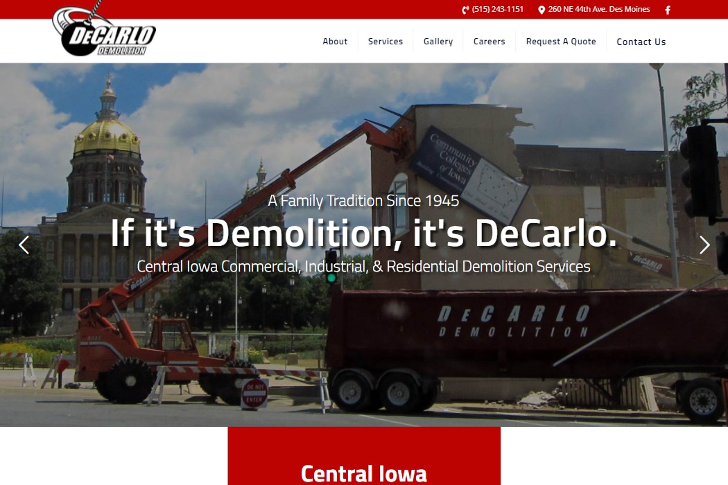 Screenshot of DeCarlo Demolition website design