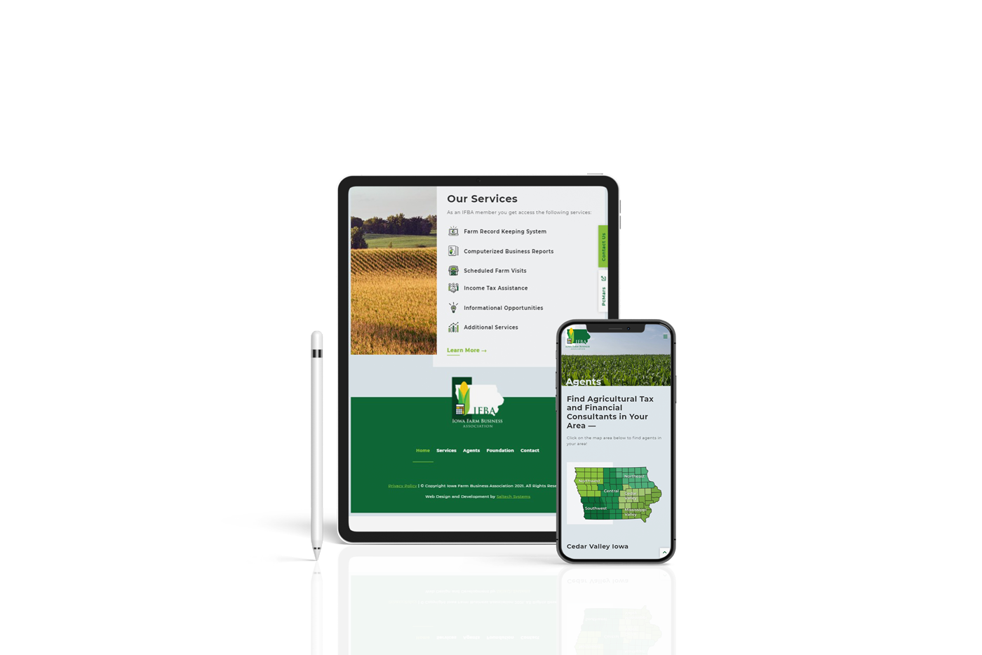 Mockups showing the tablet and mobile views of the Iowa Farm Business Association website