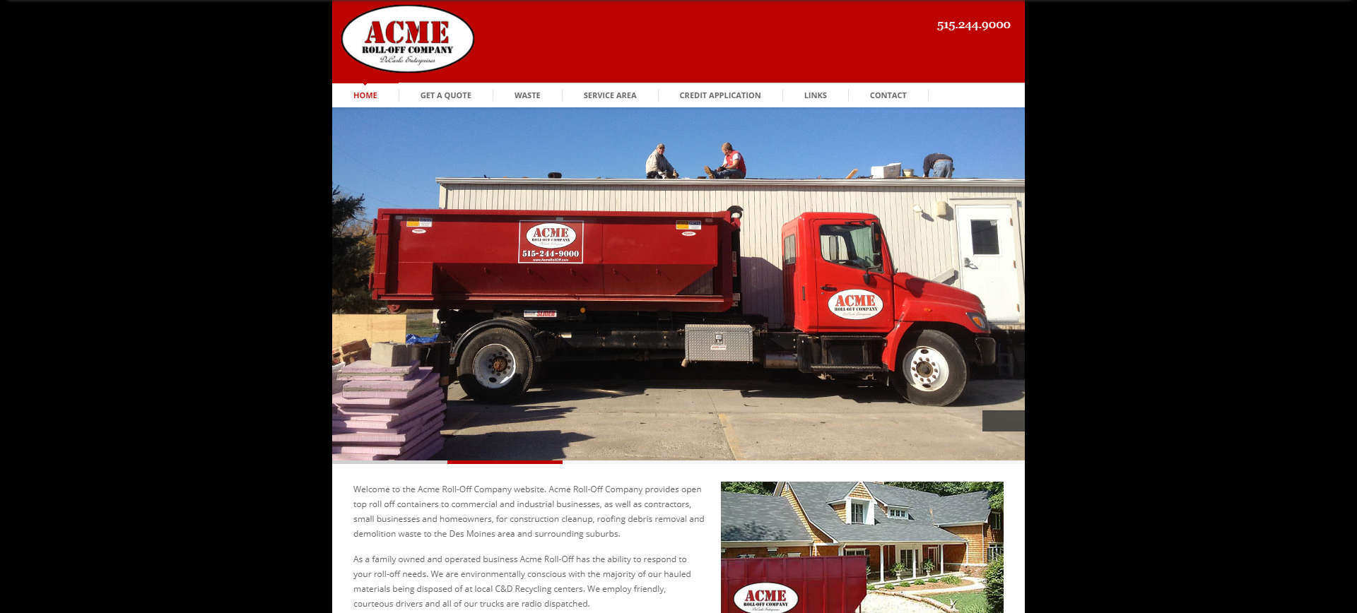 Screenshot of previous website design for Acme Roll-Off Company