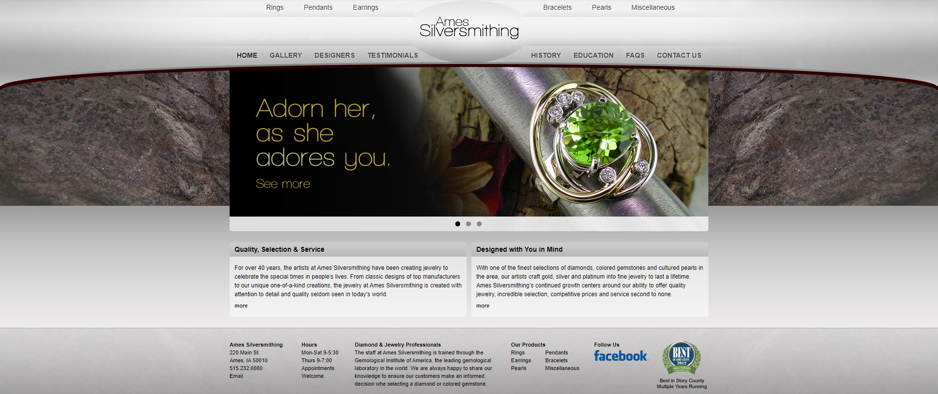 Screenshot of previous website design for Ames Silversmithing