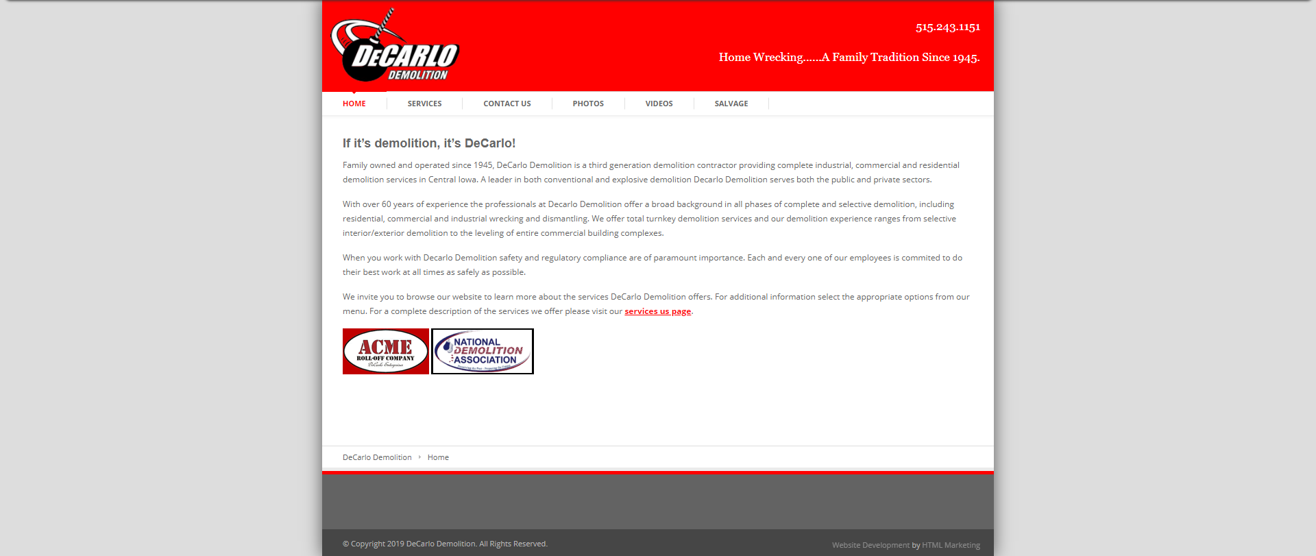 Screenshot of previous website design for DeCarlo Demolition