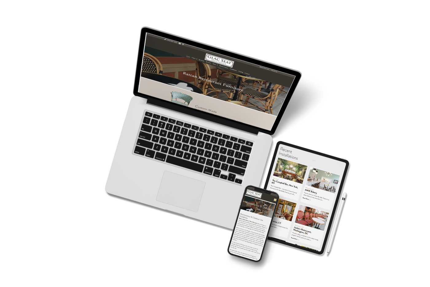 laptop phone and tablet screenshot from the Glac Seat Bistro Furniture website design project.