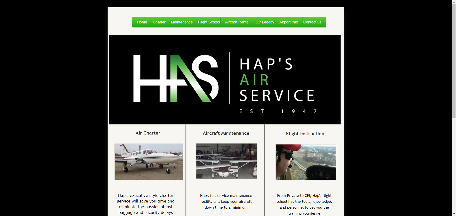 Screenshot of the previous design for Hap's Air Service