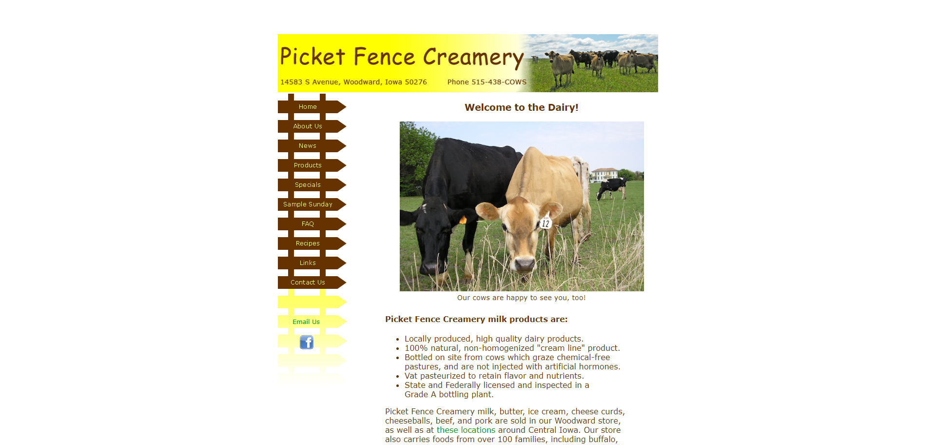 Screenshot of the previous design for Picket Fence Creamery