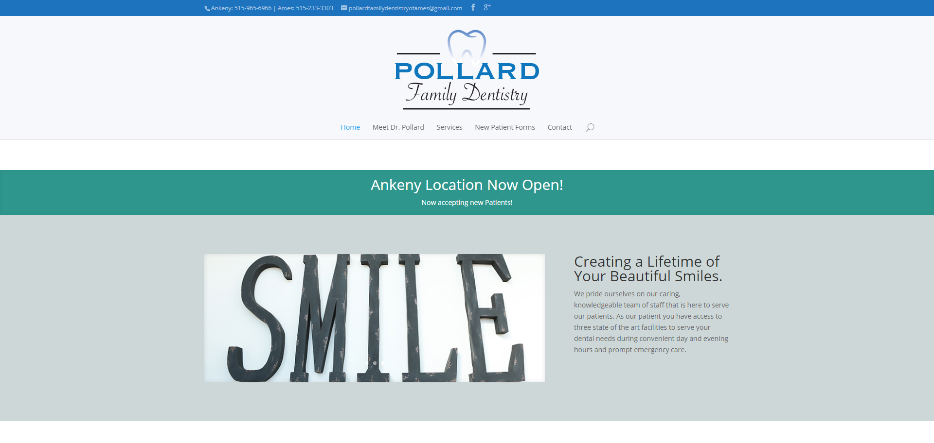 Screenshot of previous website design for Pollard Family Dentistry
