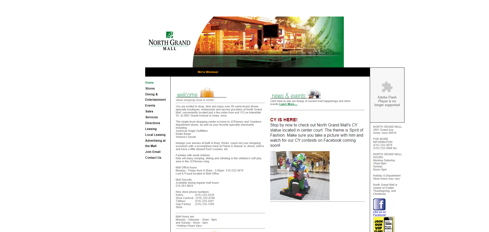 Screenshot of previous website design for Ames North Grand Mall