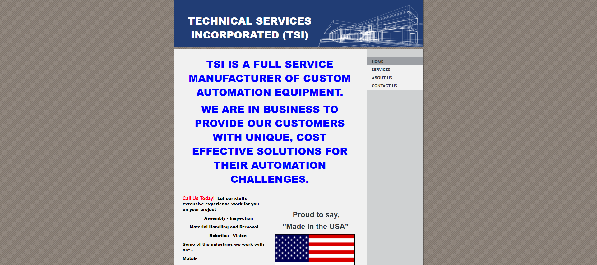 Screenshot of previous website design for Technical Services Incorporated