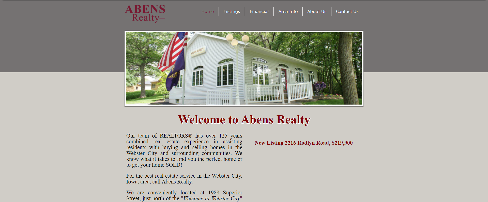 Screenshot of previous website design for Abens Realty