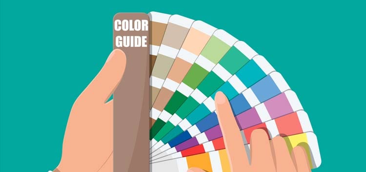 An illustration of hands holding color swatches, pointing to a color, with the words 'Color Guide'