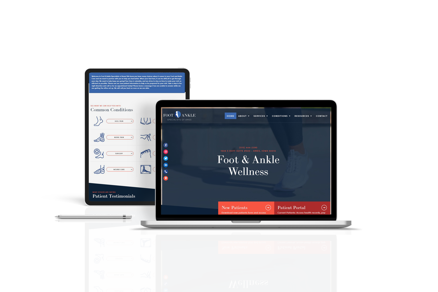 Mockups showing laptop and tablet views of the Foot & Ankle Specialists of Ames website