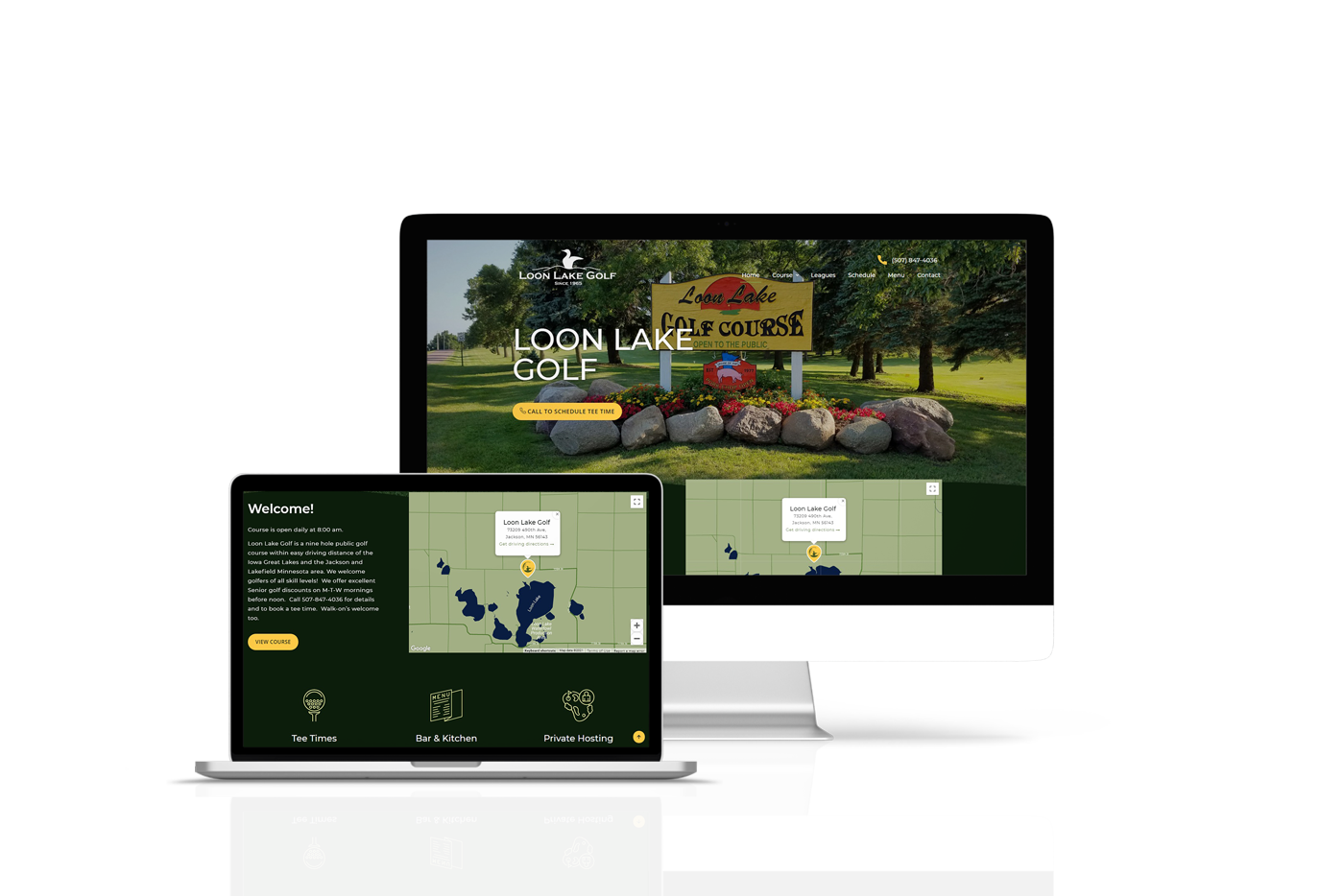 Mockups of the laptop and desktop views of the Loon Lake Golf website