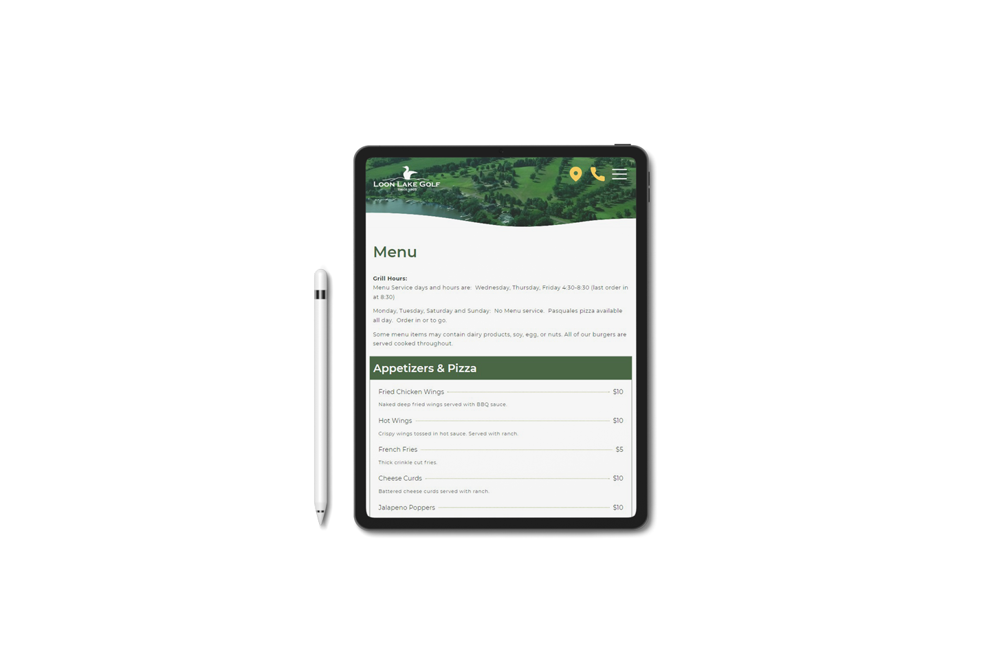 Mockup of the tablet view for Loon Lake Golf website