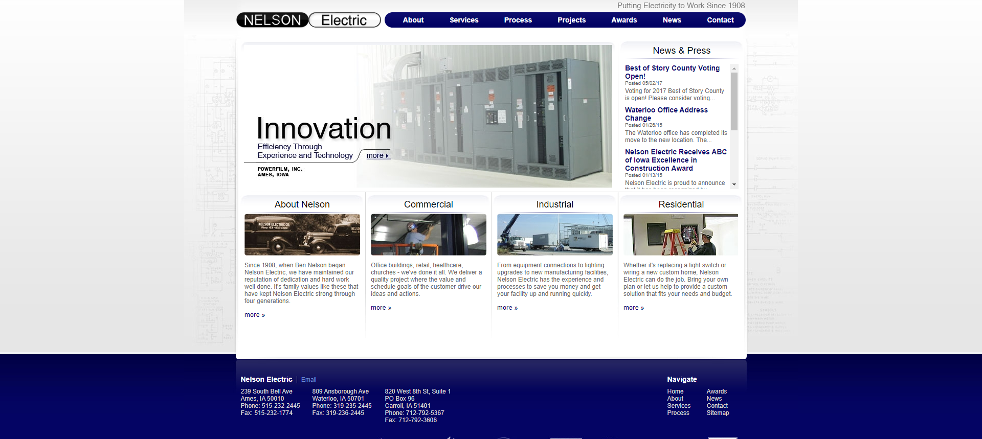 Screenshot of previous website design for Nelson Electric