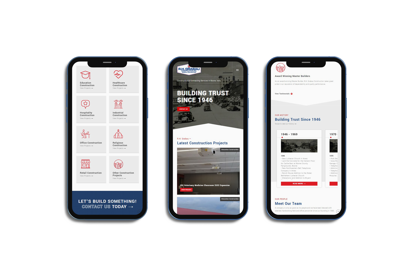 Mockup showing three different mobile views of the RH Grabau website