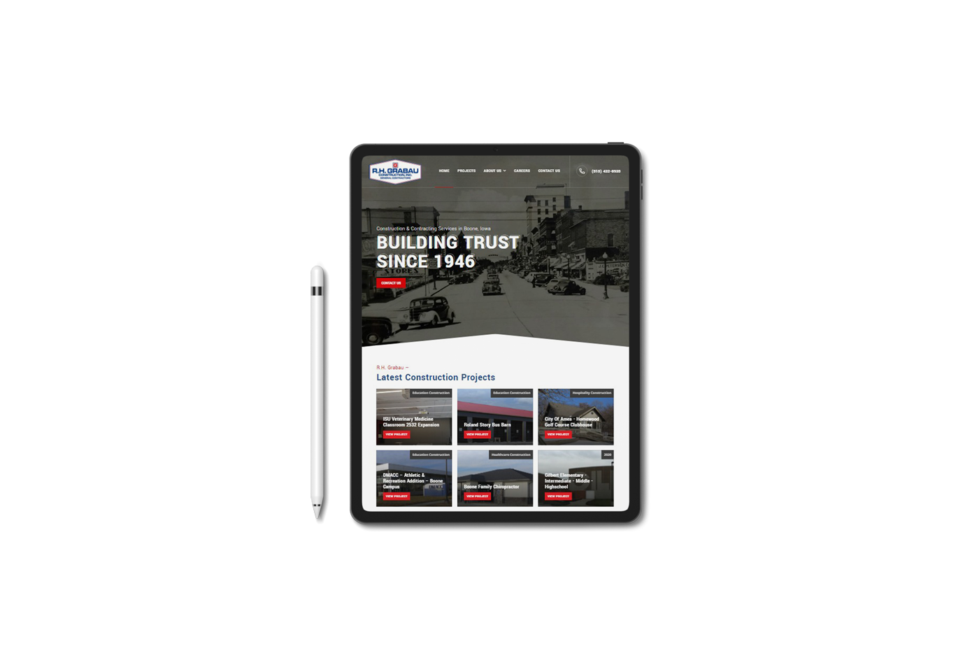 Mockup showing the tablet view of the RH Grabau website