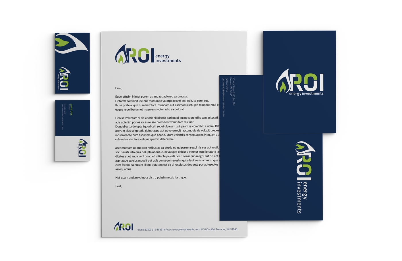 Mockup of branding materials for ROI Energy Investments