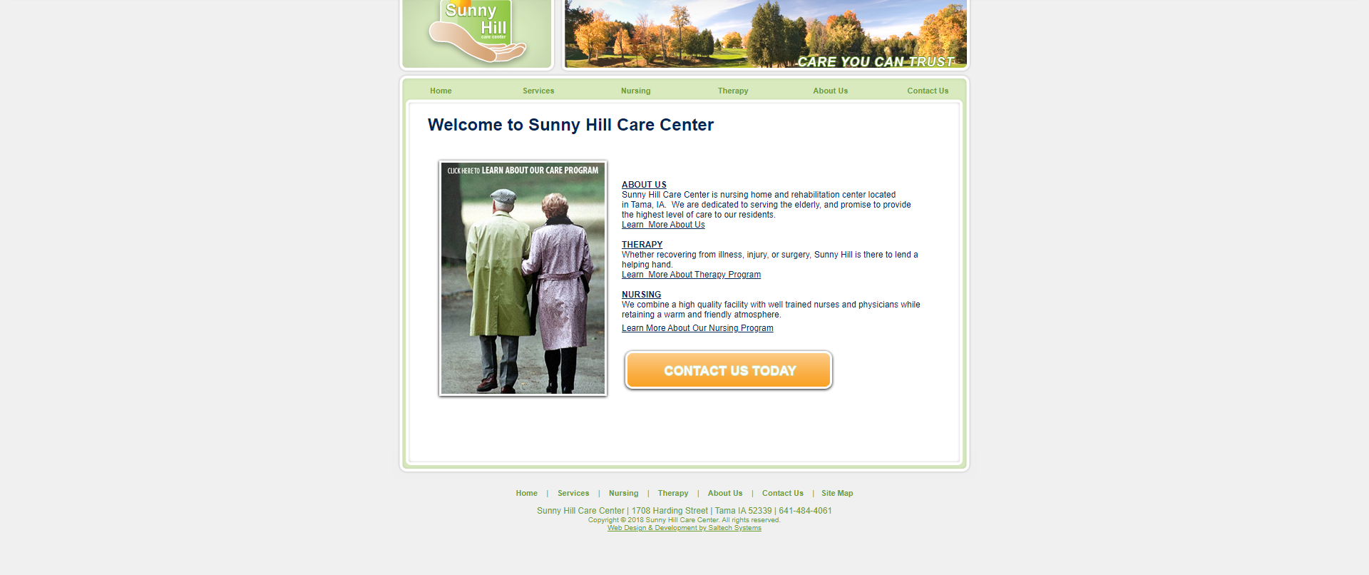 Screenshot of previous website design for Sunny Hill Care Center