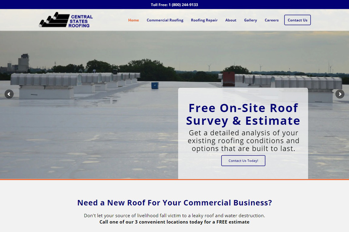 Screenshot of Central States Roofing website design
