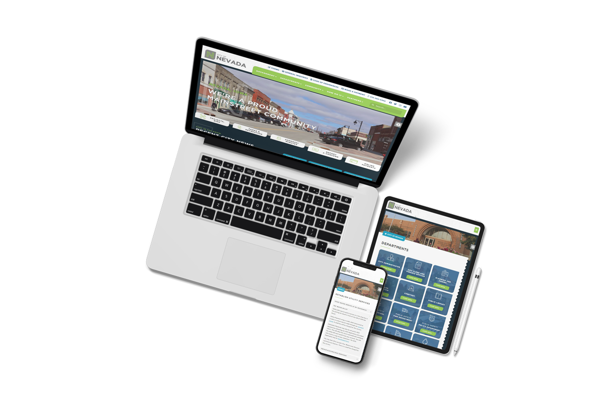 Mockup of a laptop, tablet, and mobile view of the City of Nevada website