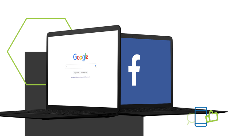 Laptop with Facebook and Google open to represent Digital Marketing