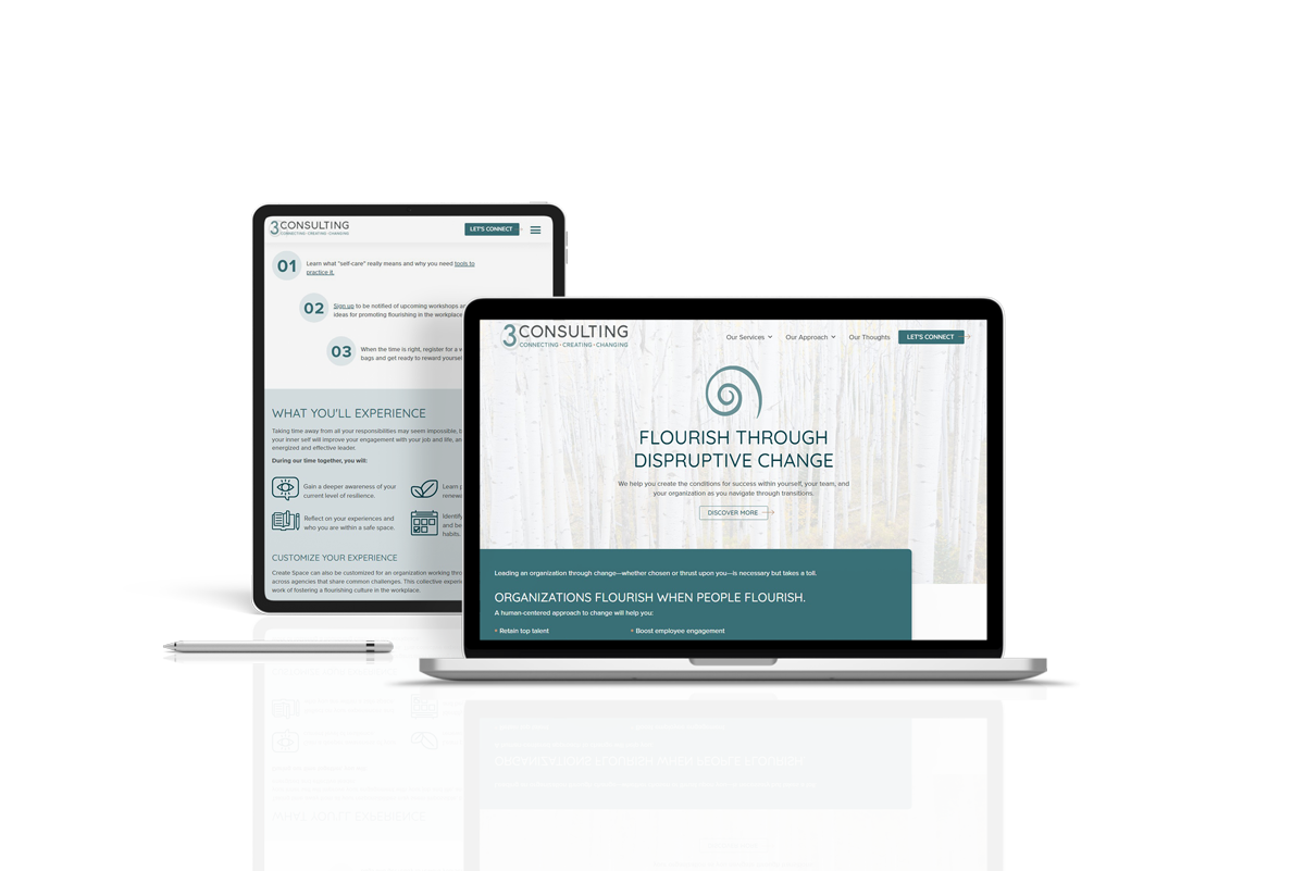 3 consulting - screenshot of new website on a laptop and tablet mockup
