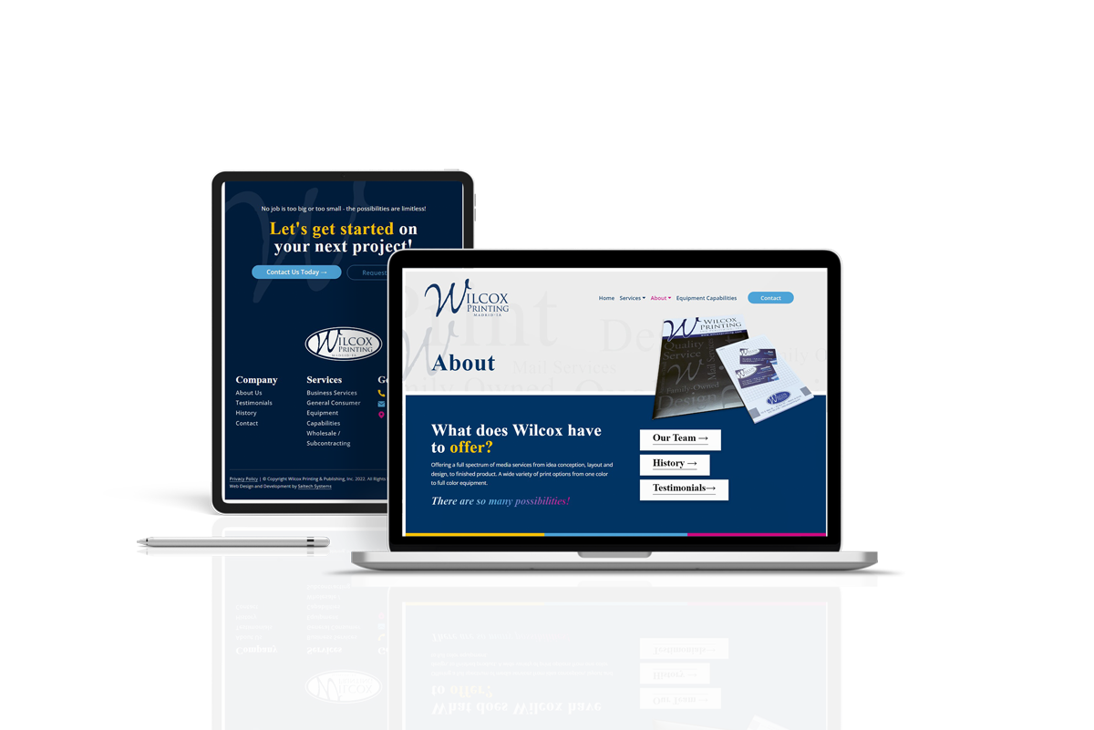 Wilcox Printing - mockup of website on a laptop and a tablet