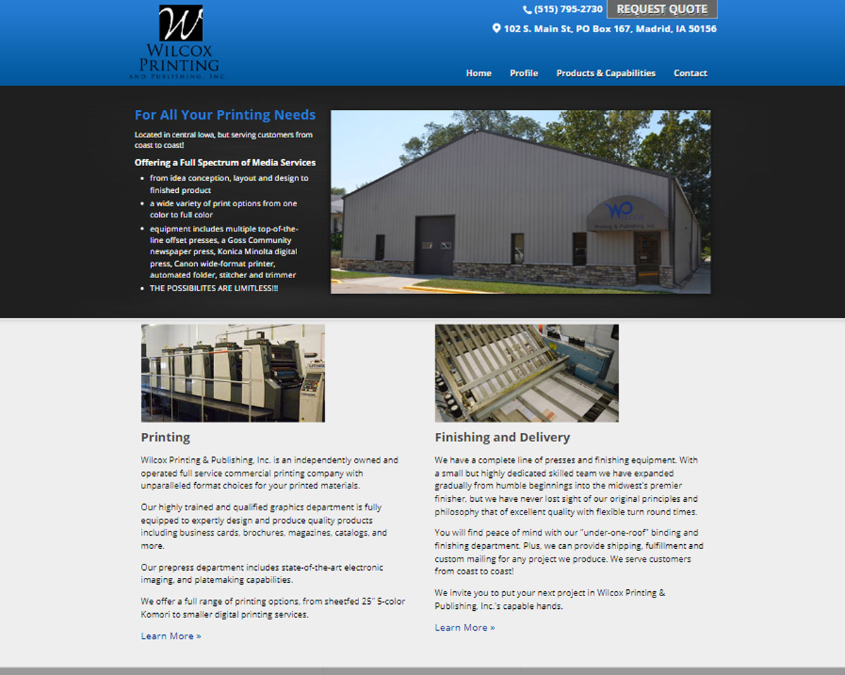 Wilcox Printing - screenshot of old website