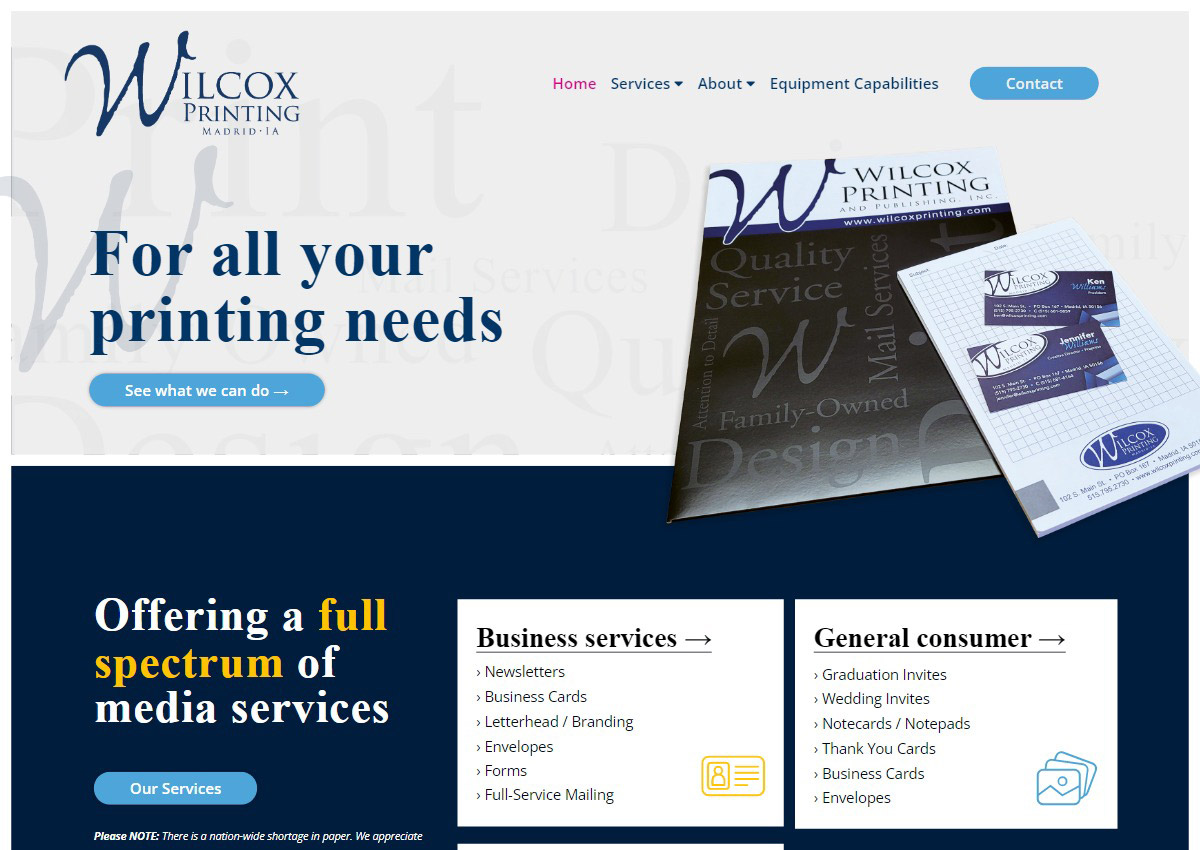 Wilcox Printing - screenshot of website
