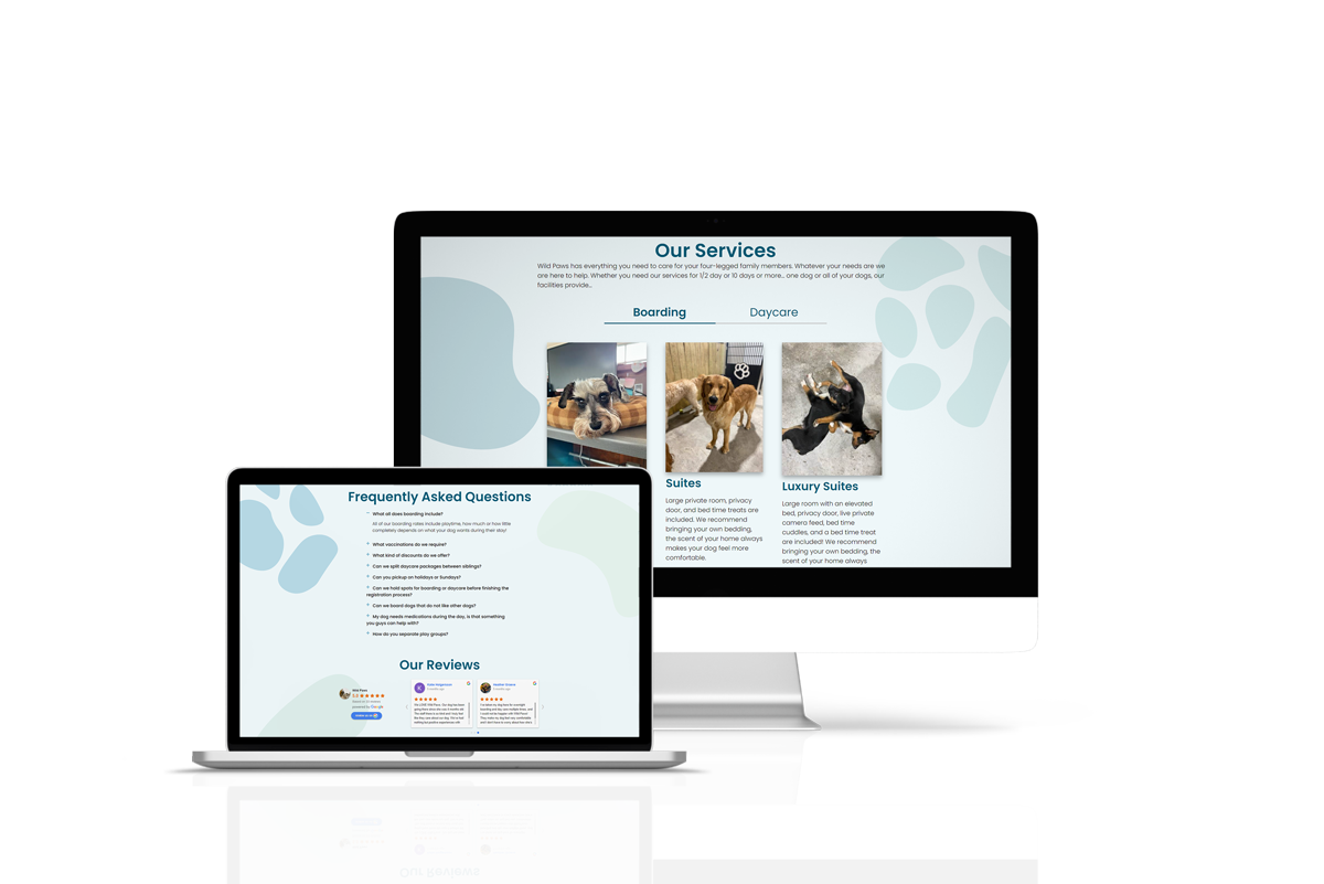 wildpaws website mockup on a laptop and a desktop
