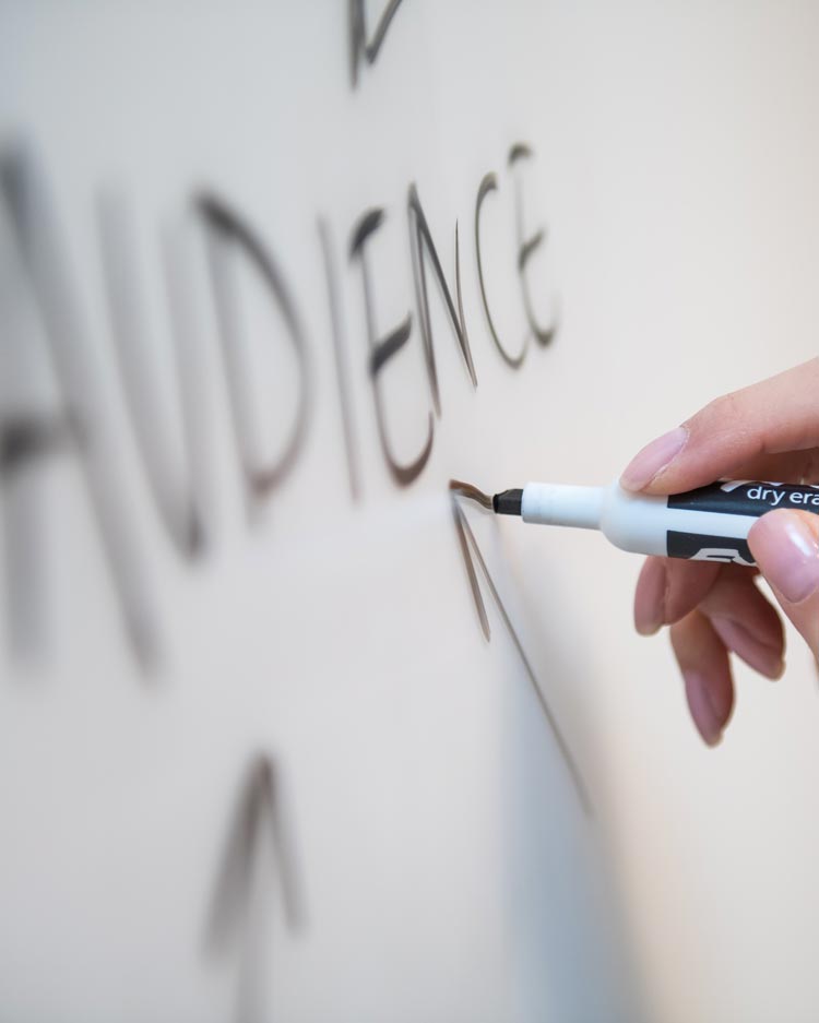 Person drawing an arrow to the word Audience on a whiteboard.