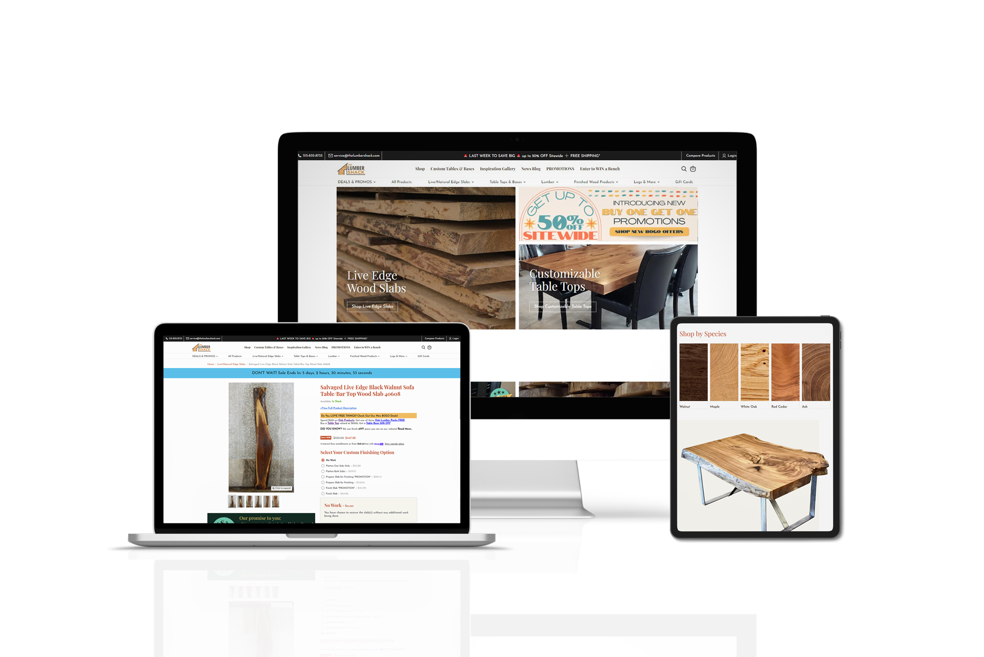 Mockups of the Lumber Shack's website on desktop, laptop, and tablet devices