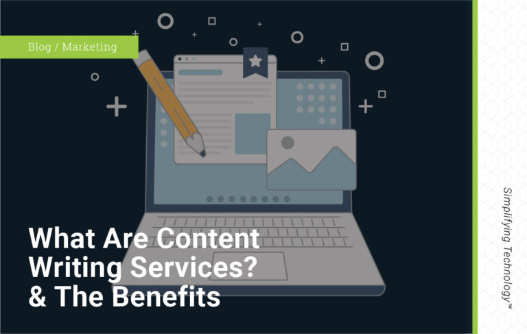 Laptop wireframe illustration with content and image. Blog Title: What are Content Writing Services? and the benefits