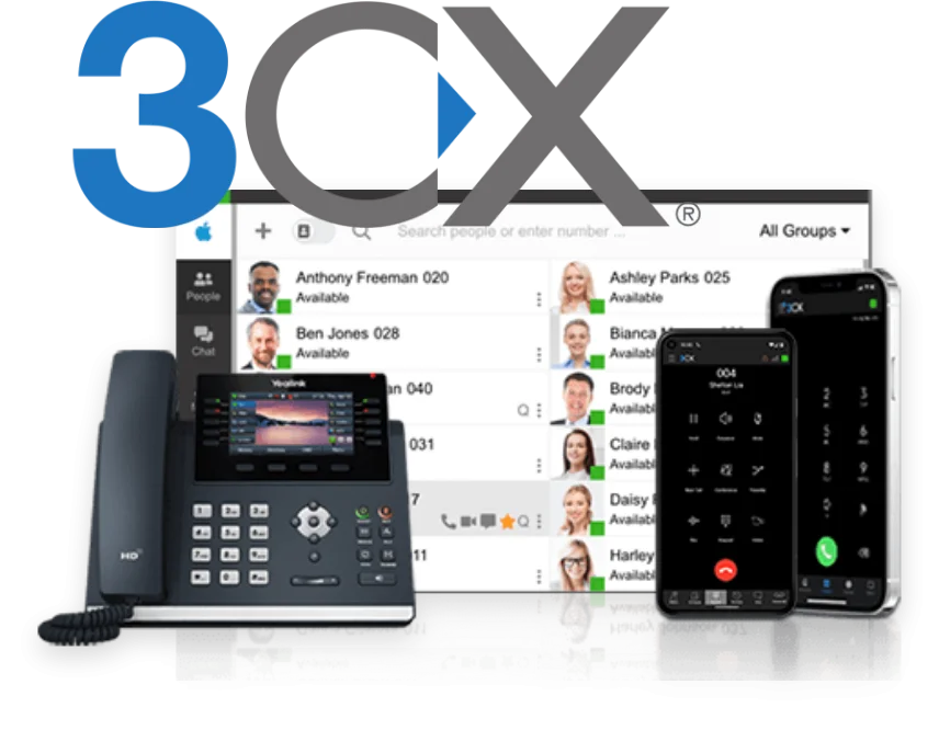 3CX logo with mockups of the phones and service