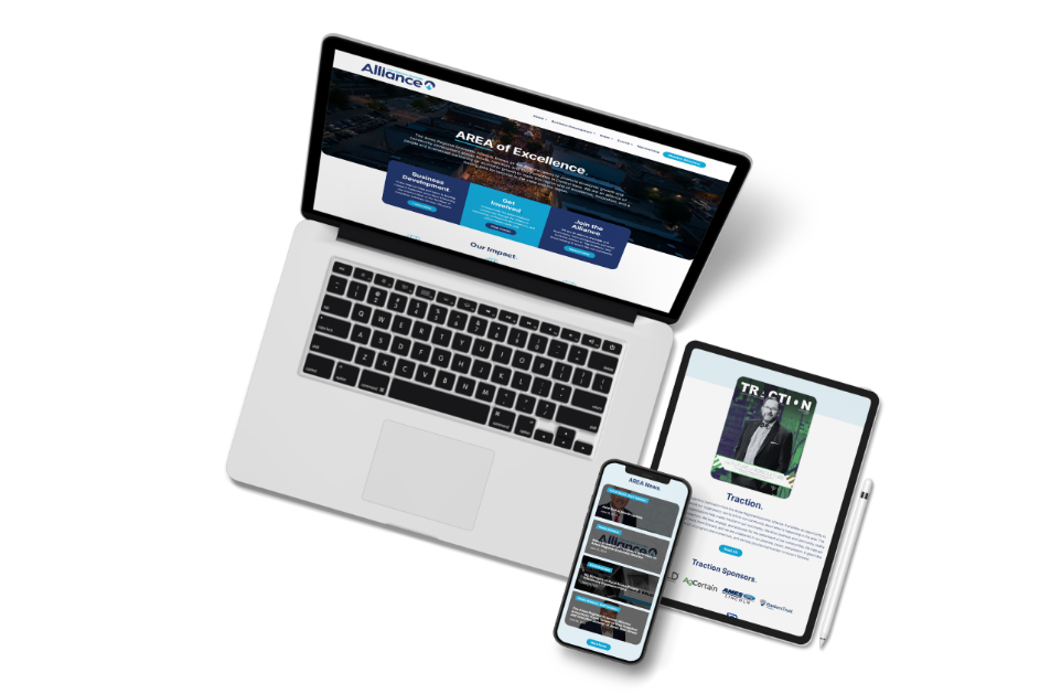 Mockup of the AREA website on a laptop, phone, and tablet