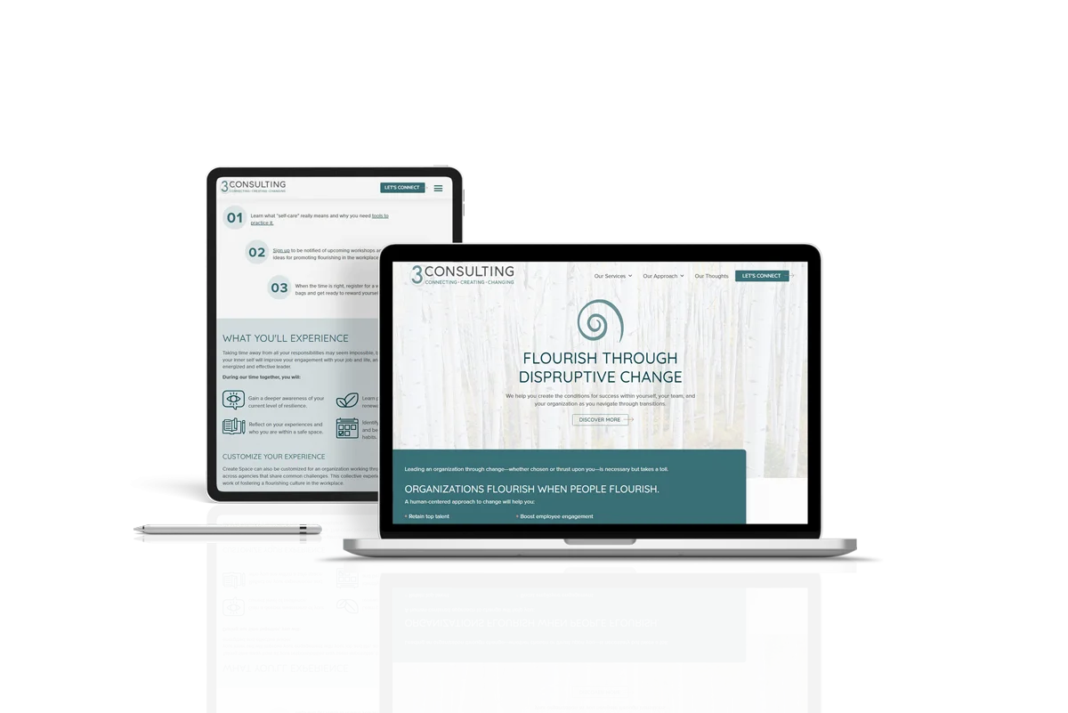 3 consulting - screenshot of new website on a laptop and tablet mockup