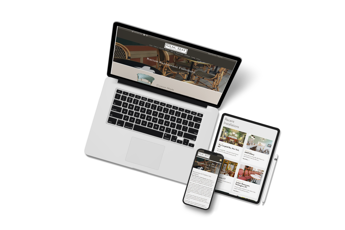 laptop phone and tablet screenshot from the Glac Seat Bistro Furniture website design project.