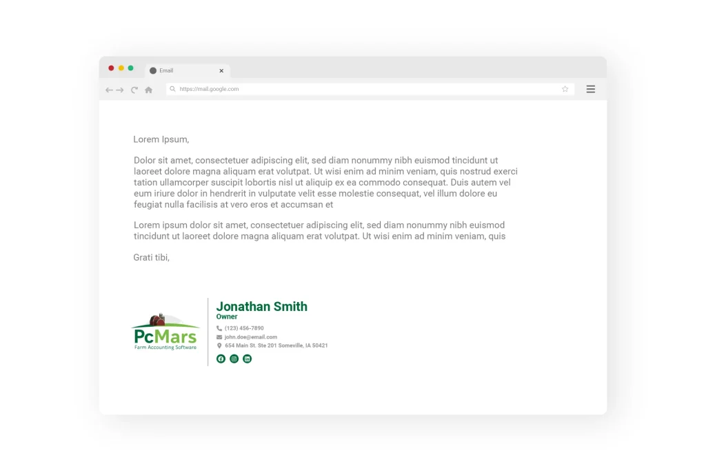 Mockup of an email signature for PcMars