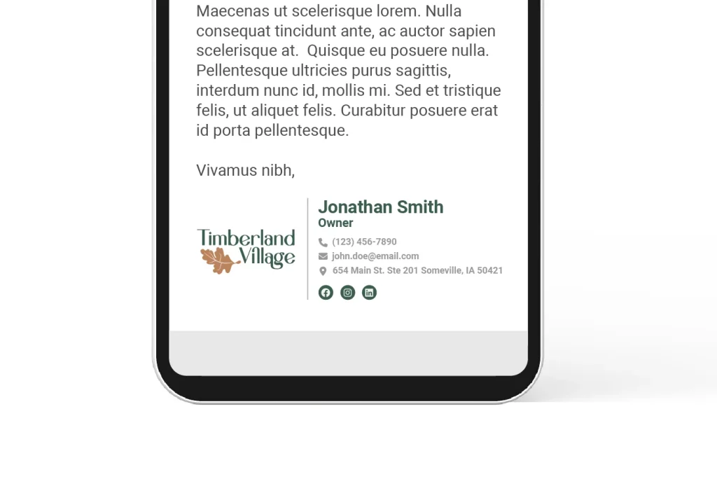 Timberland Village email signature mockup