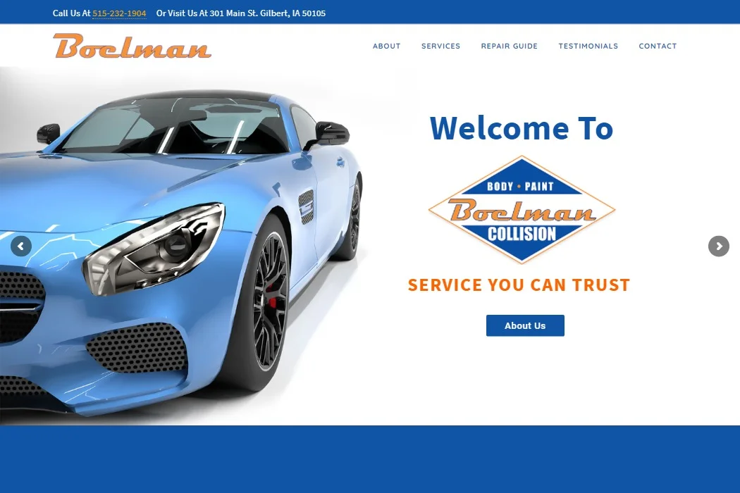 Screenshot of Boelman Collision website design