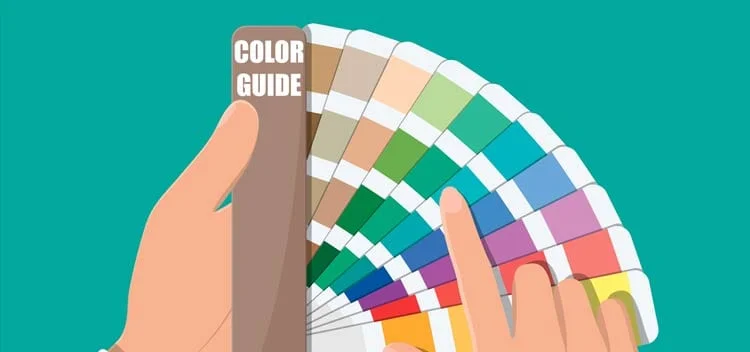 An illustration of hands holding color swatches, pointing to a color, with the words 'Color Guide'