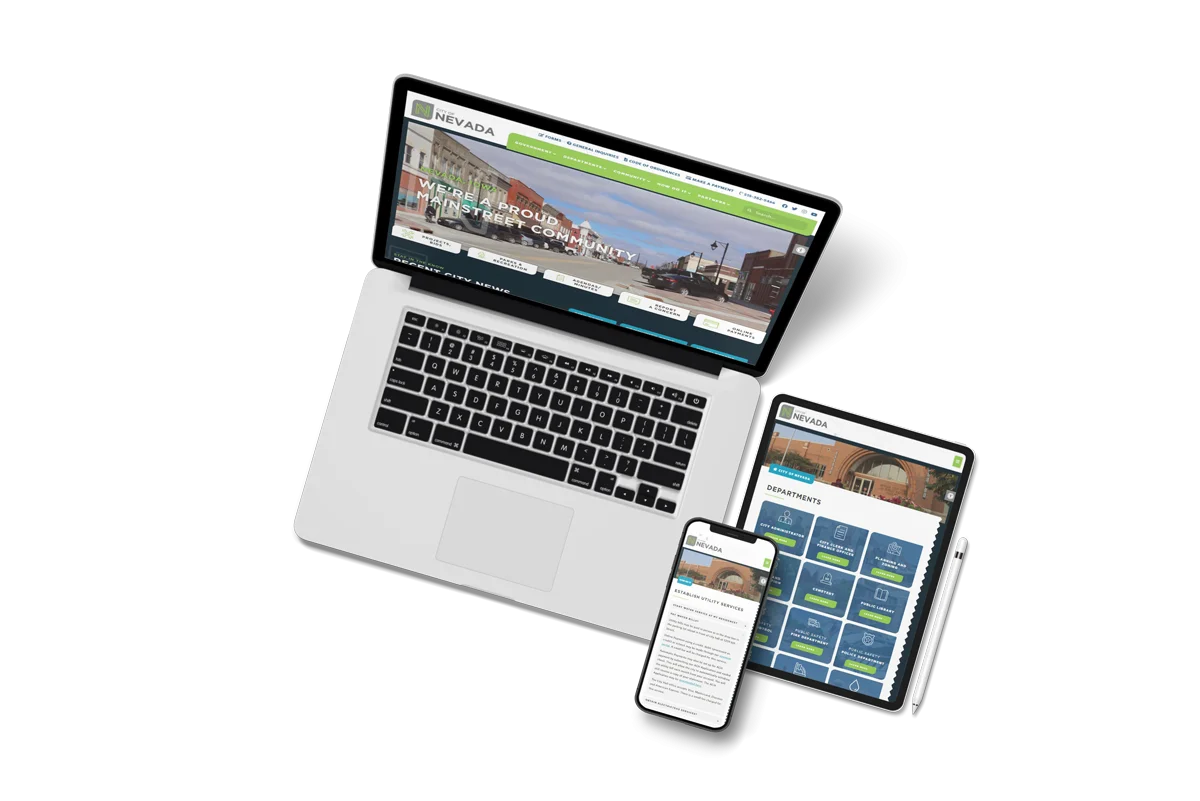 Mockup of a laptop, tablet, and mobile view of the City of Nevada website