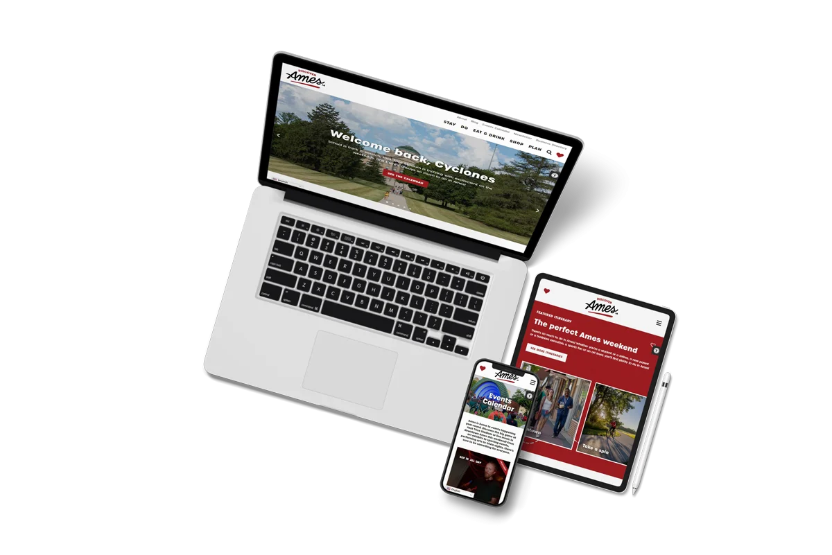 Discover Ames website mockup on a laptop, tablet, and iphone