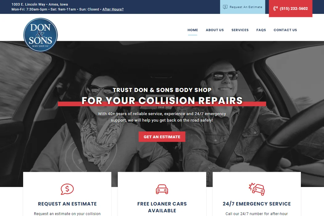 Screenshot of Don & Sons Body Shop website design