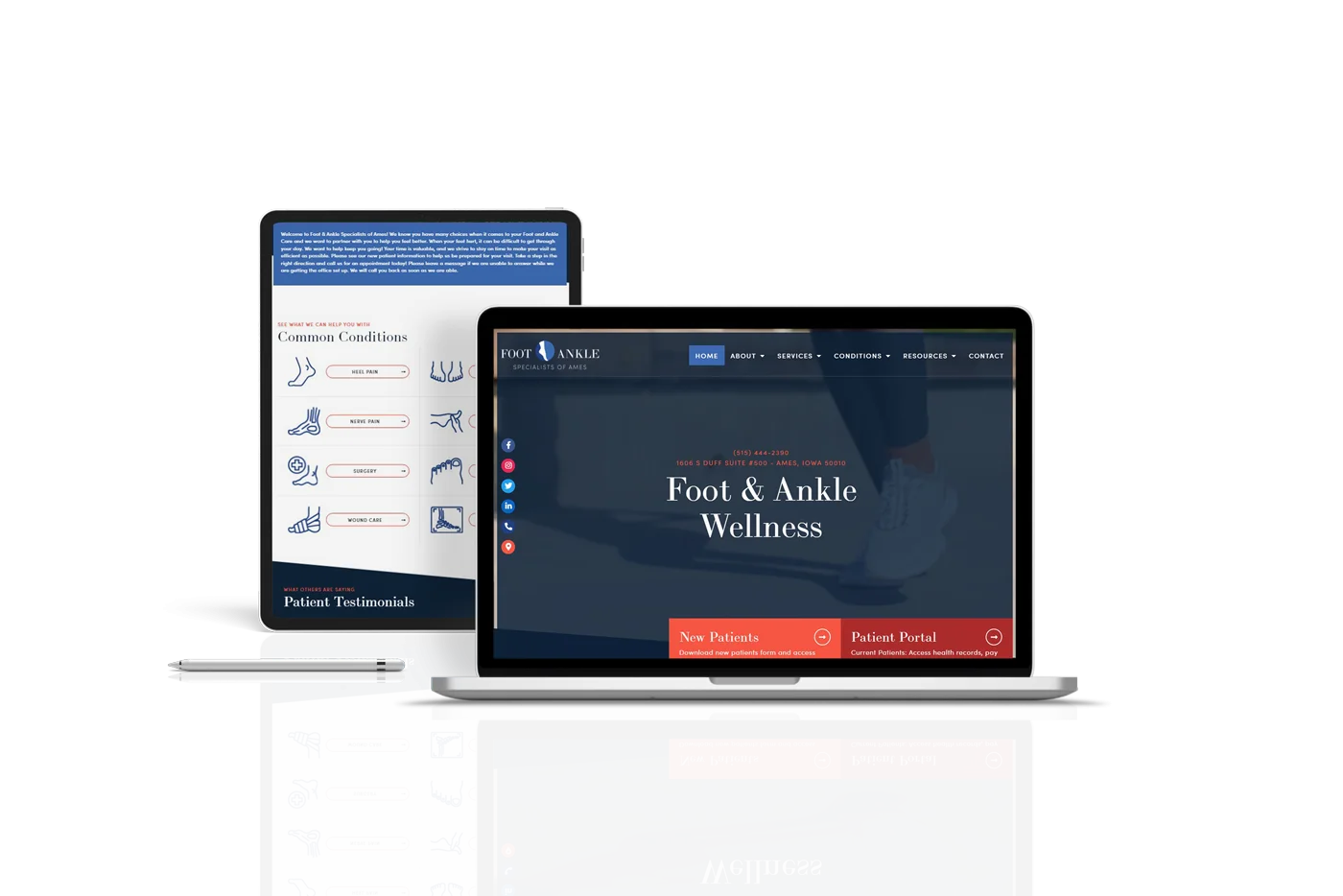 Mockups showing laptop and tablet views of the Foot & Ankle Specialists of Ames website