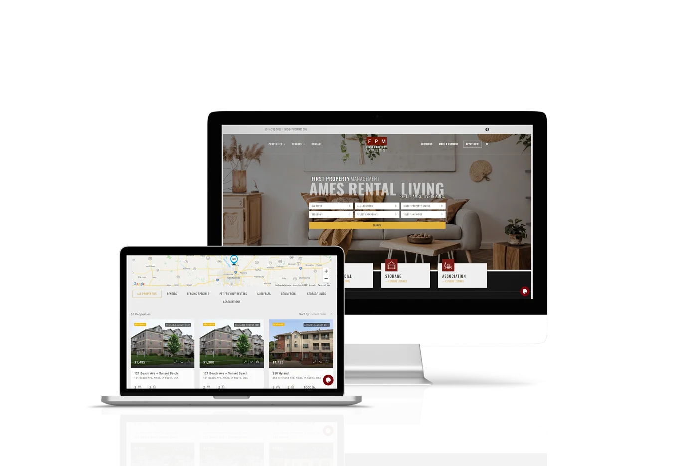 Mockups of the laptop and desktop views of the First Property Management of Ames website