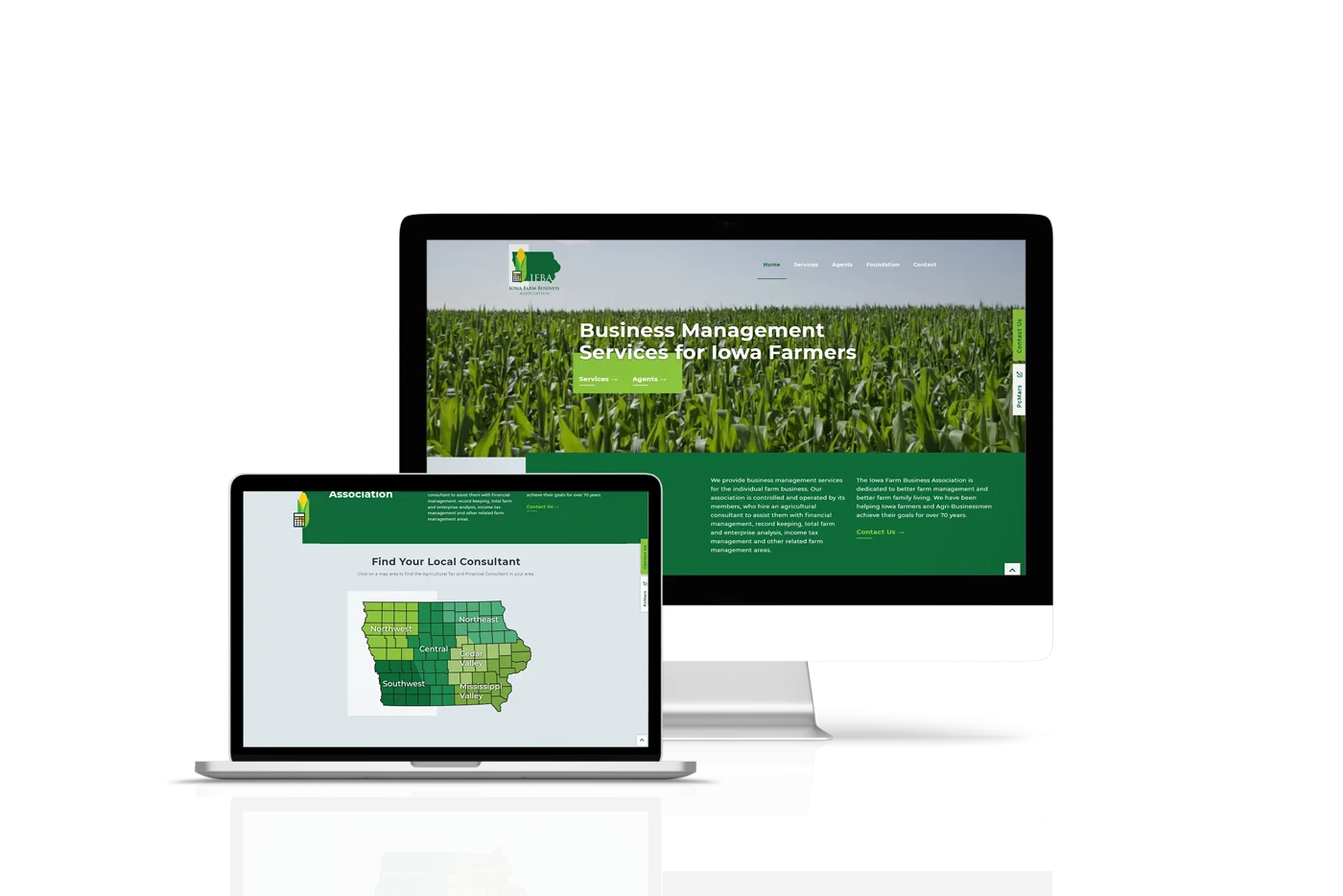 Mockups of the laptop and desktop views for the Iowa Farm Business Association website