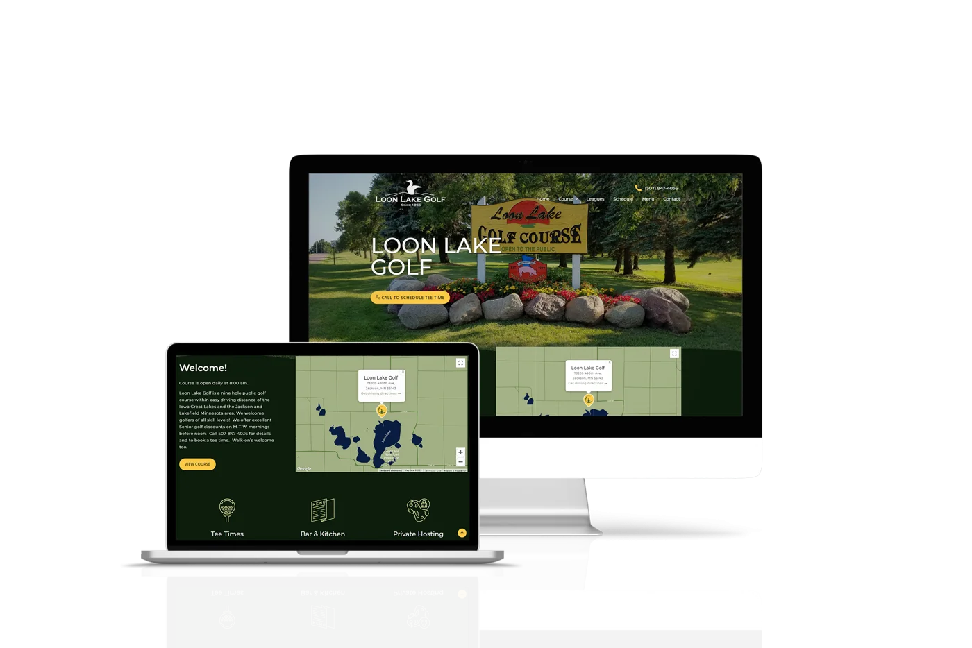 Mockups of the laptop and desktop views of the Loon Lake Golf website